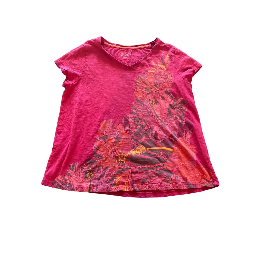 Soft Surroundings Pink Organic Cotton Tropical Floral Embroidered Tee PL